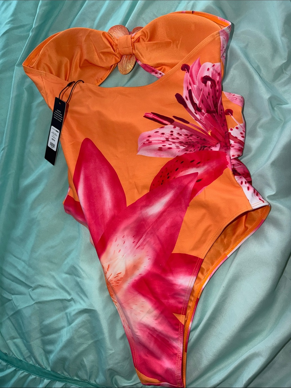 FashionNova Floral Orange & Pink One-Piece Swimsuit with Flower Accent - Picture 4 of 4